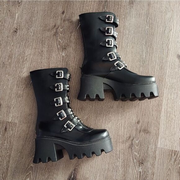 Women's Goth Punk Boots Platform Combat Belt Buckle Studded Mid Calf Chunky Boot - Picture 2 of 9